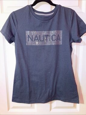 Nautica Navy Short Sleeve Tee with Rhinestone Logo